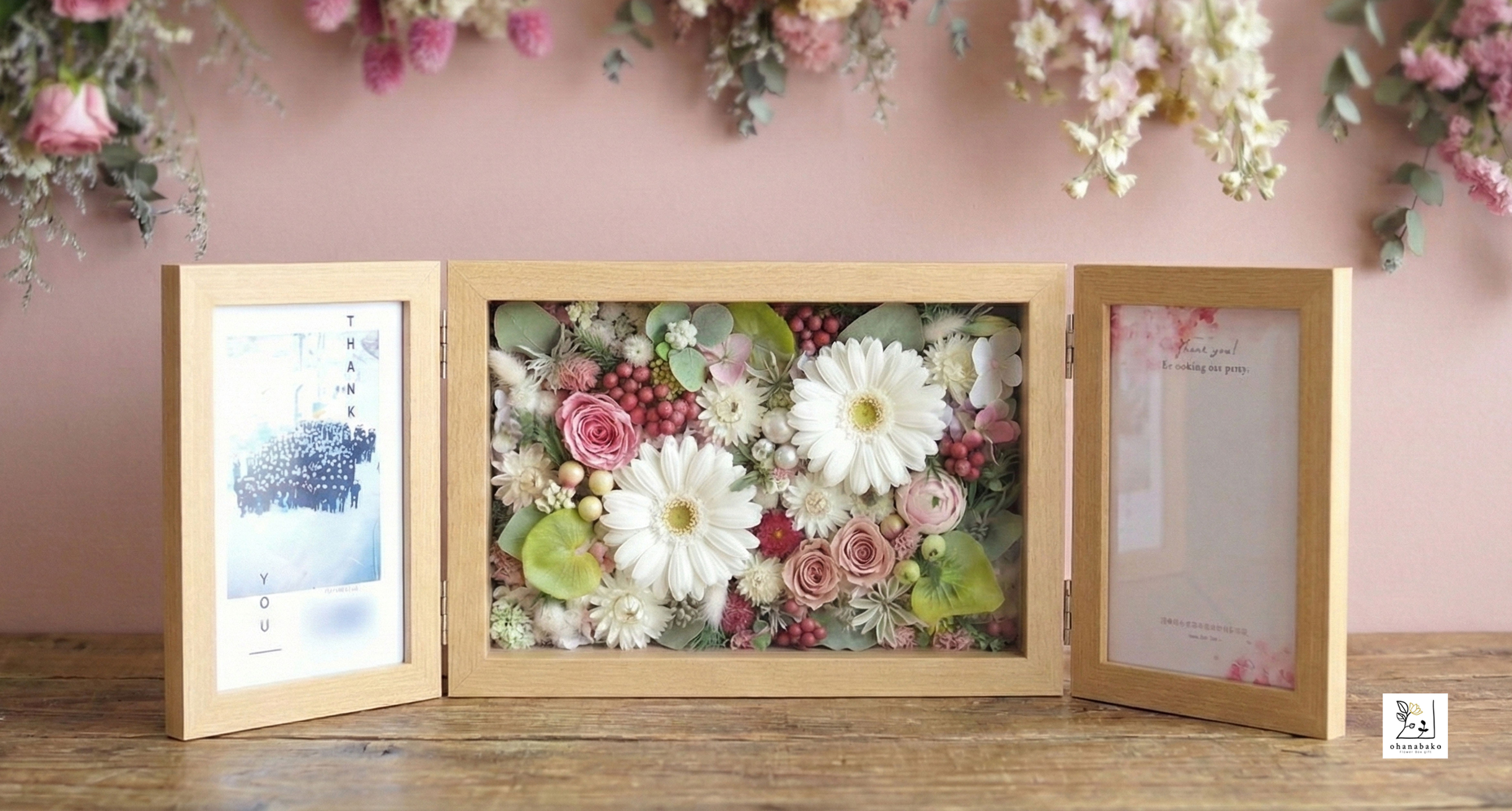 《写真入れ替えOK◎誕生日・結婚祝い》ピンクの♪プリザーブドフラワーとアーティフィシャフラワーのダブルフォトボックス