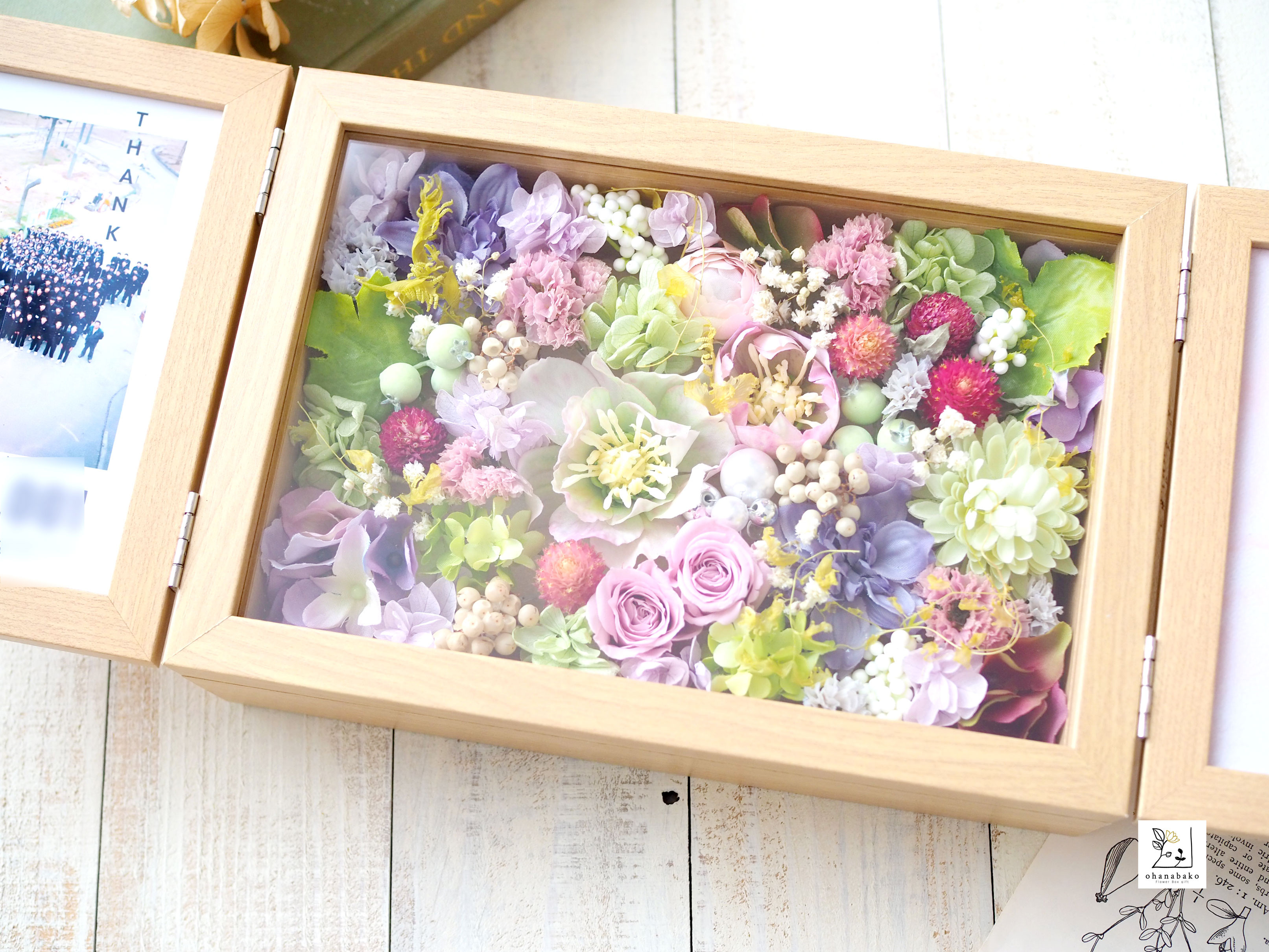 《写真入れ替えOK◎誕生日・結婚祝い》紫色の♪プリザーブドフラワーとアーティフィシャフラワーのダブルフォトボックス