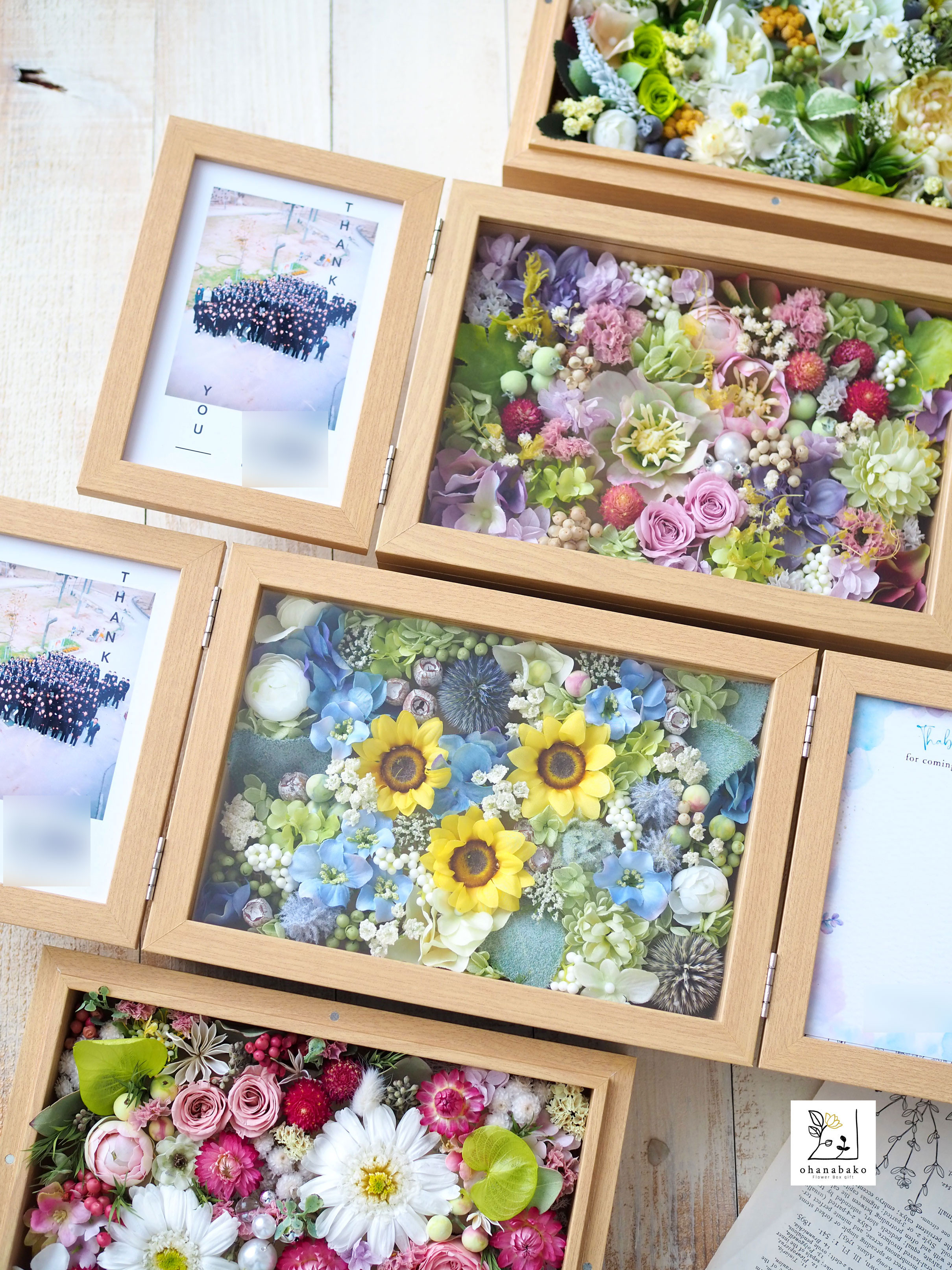 《写真入れ替えOK◎誕生日・結婚祝い》紫色の♪プリザーブドフラワーとアーティフィシャフラワーのダブルフォトボックス