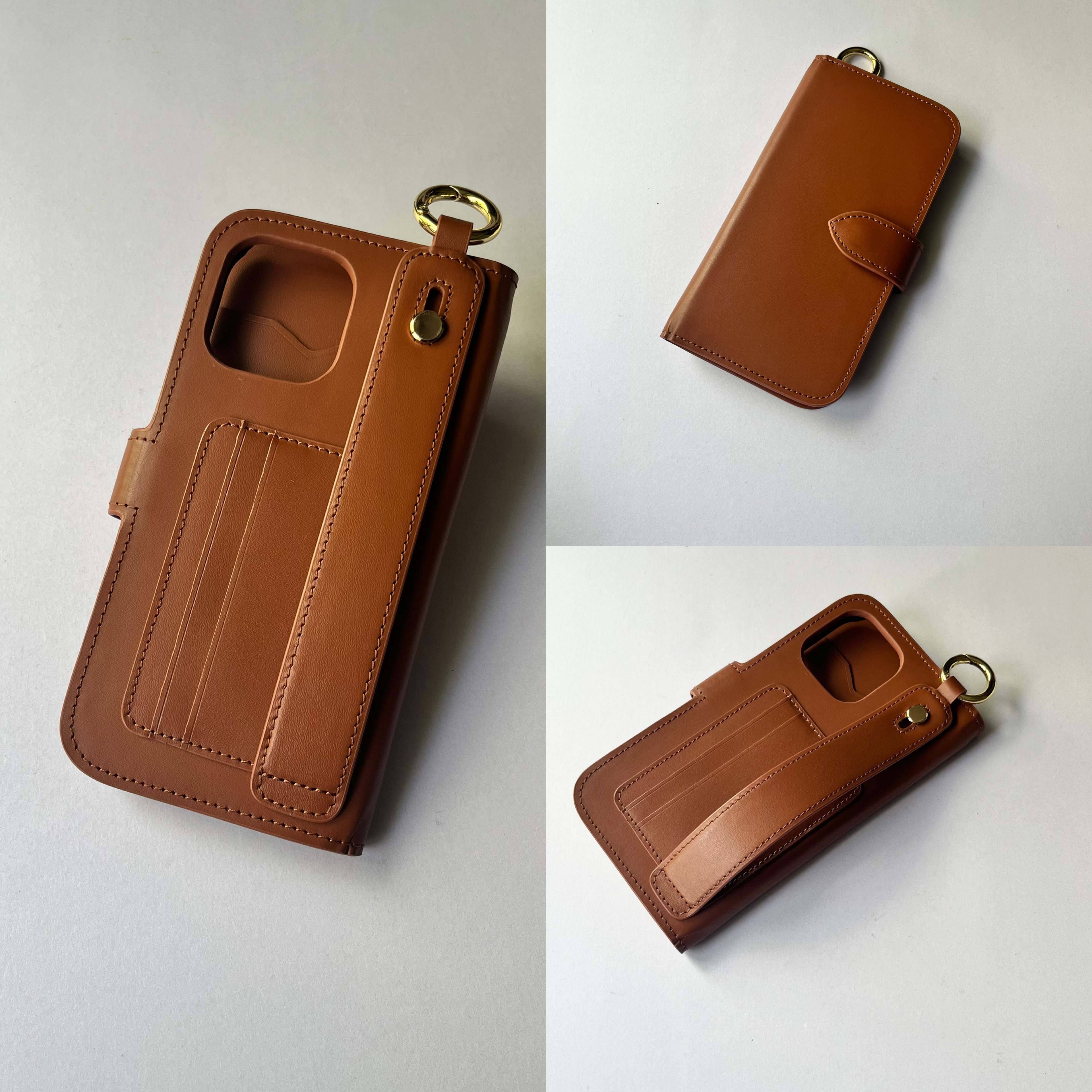 カラビナ付き　手帳型iphoneケース　レザー　名入れ無料　背面収納　ハンドベルト付き　IPHONEケース