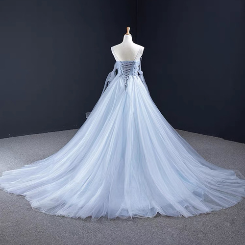 オフショルダー チュールドレス リーフ刺繍 ノンスリーブ お色直し