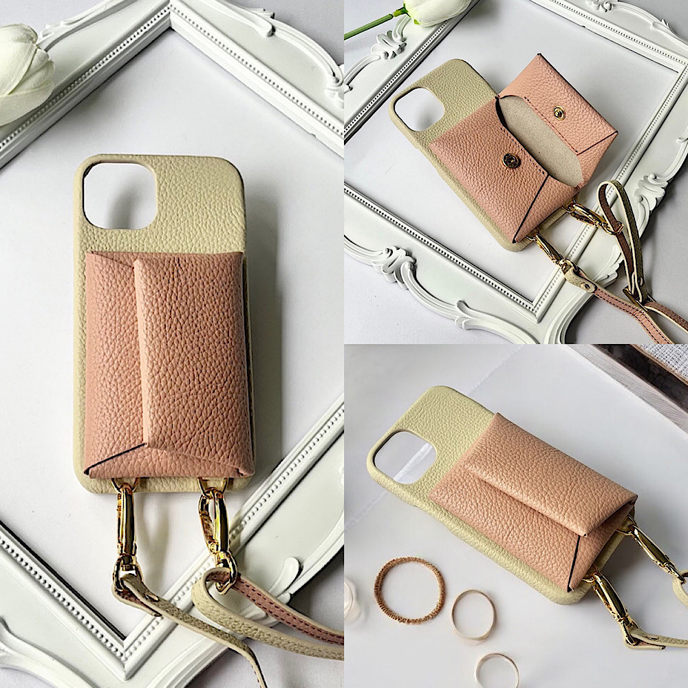 #6 名入れ可｜本革iPhoneショルダーケース（背面収納　スマホショルダー）Ivory+Pinkbeige