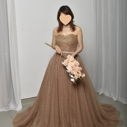 送料無料！豪華！ カラードレス ベージュ キラキラグリッターチュール  