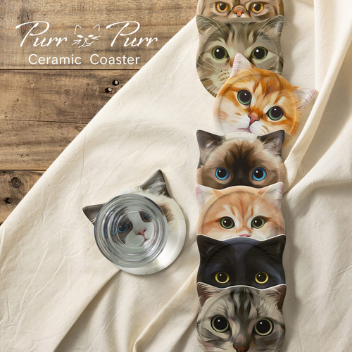 Purr Purr セラミック キャットフェイス コースター 猫 箱入り2点