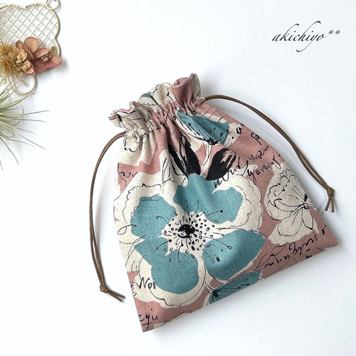 ミニ巾着ポーチ** 北欧 noble flower（くすみピンク）小物入れに  