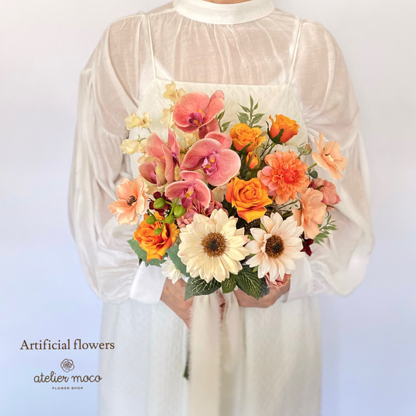 オーダーメイド】テラコッタ 胡蝶蘭とダリアのアンティーク クラッチ  