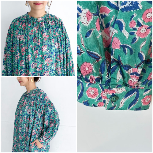 インド綿 ブロックプリントのロングシャツワンピース〔ブルーム