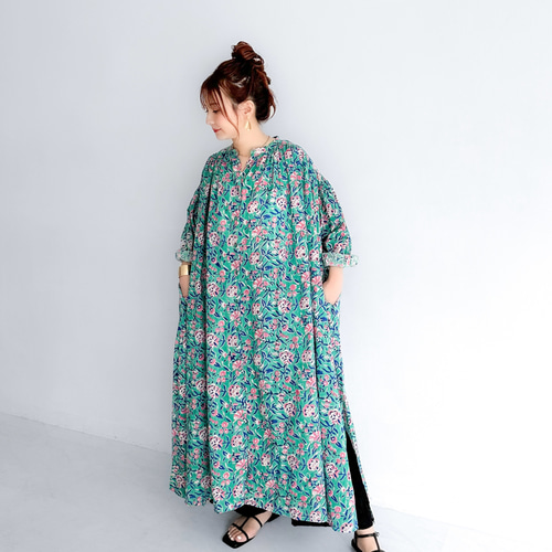 インド綿 ブロックプリントのロングシャツワンピース〔ブルーム