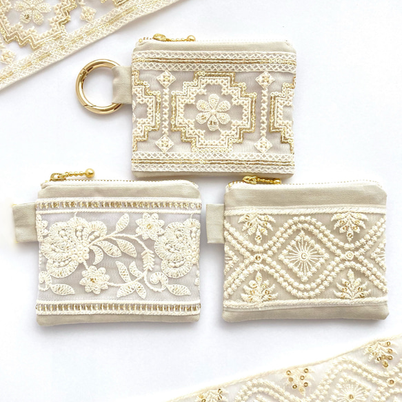 超歓迎された インド刺繍リボン◇ミニミニポーチ ホワイト系 キーリング付 その他