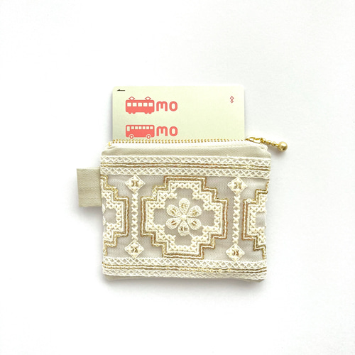 インド刺繍リボン◇ミニミニポーチ ホワイト系 キーリング付