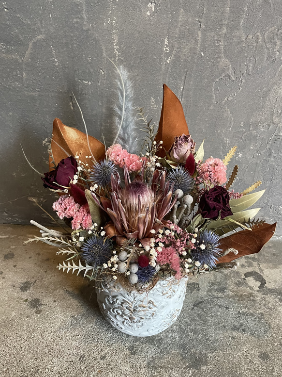 ドライフラワー 円形アレンジメント 約26cmハンドメイド絵皿立て