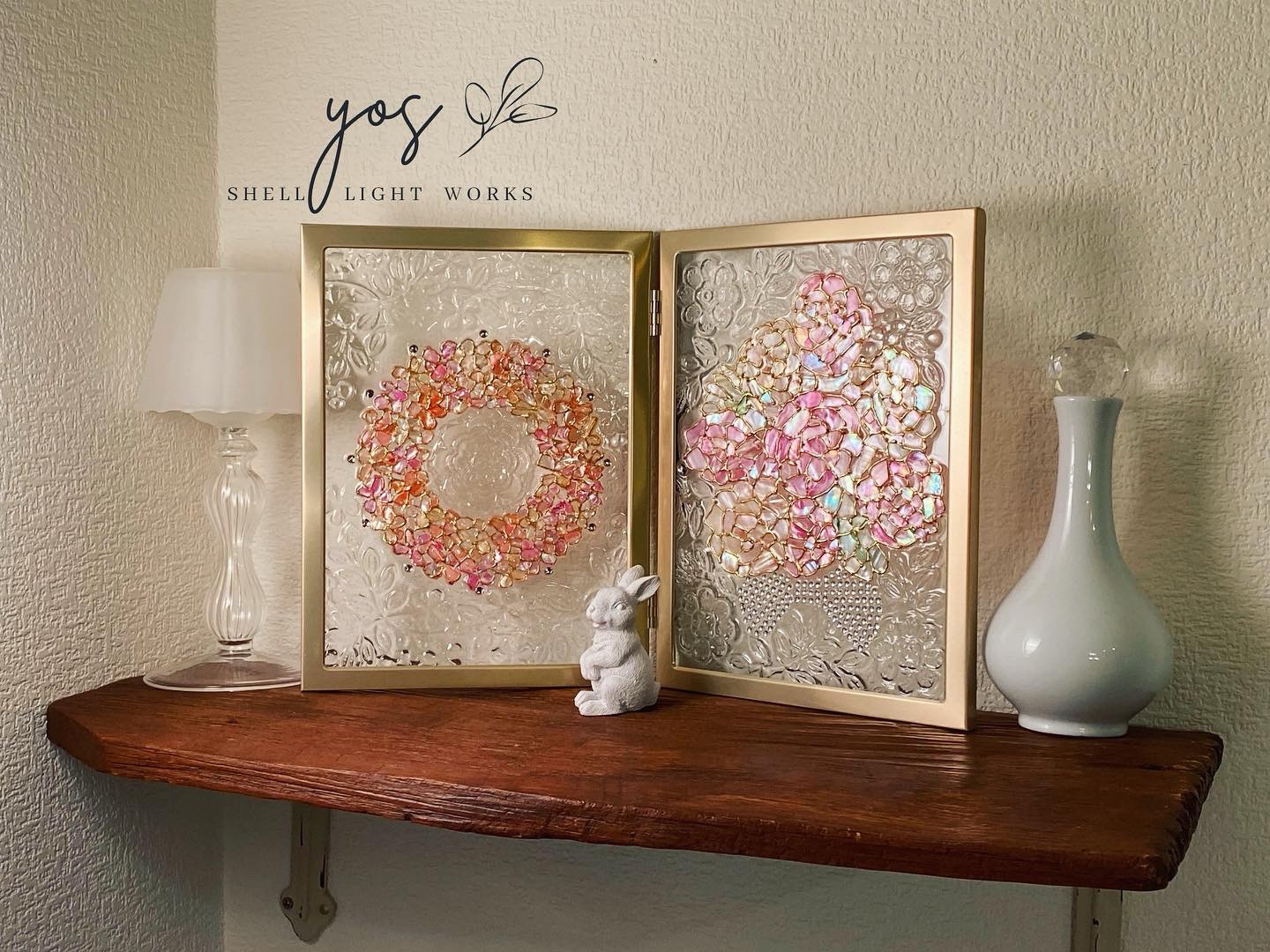 リース＆ブーケ　ピンク系　2連インテリアフレーム　シェルアート　ステンドグラス風 5,106円