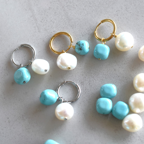 【金具変更可・金属アレルギー対応】ターコイズ&淡水パール　サージカルステンレスフープピアス 1枚目の画像