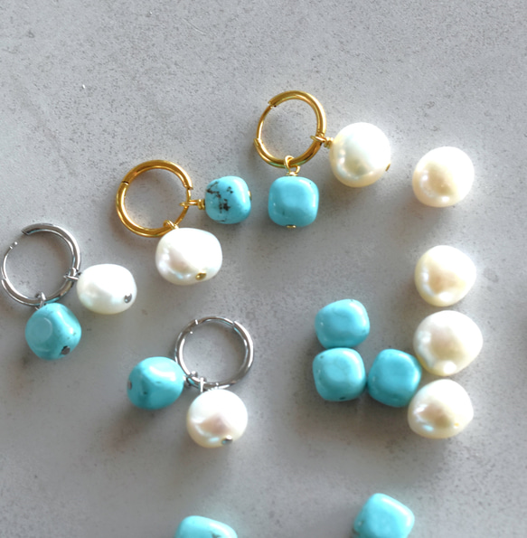 【金具変更可・金属アレルギー対応】ターコイズ&淡水パール　サージカルステンレスフープピアス 7枚目の画像