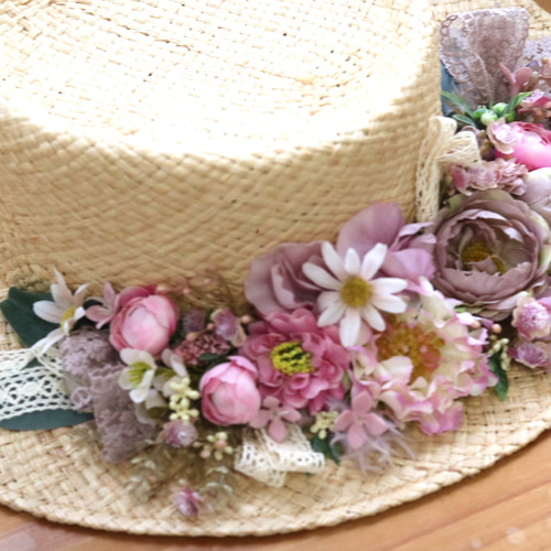お花とレースリボンの麦わら帽子 アートフラワー 花のアトリエ