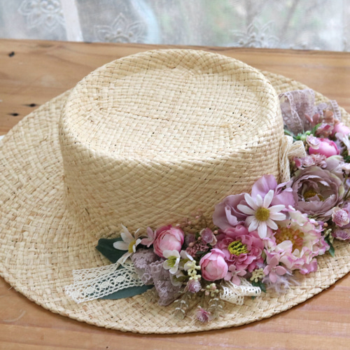 お花とレースリボンの麦わら帽子 アートフラワー 花のアトリエ