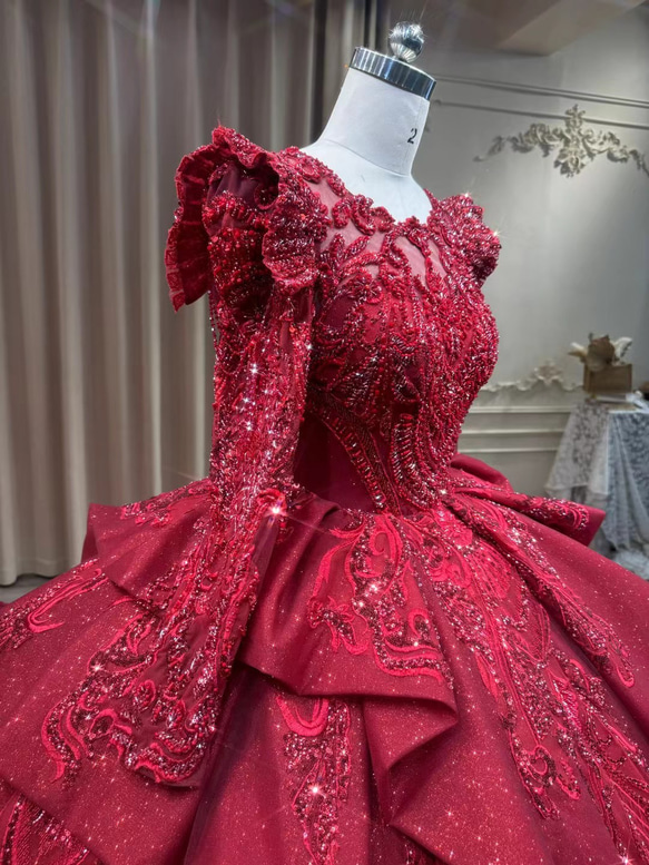 美品！大人気上昇中　ボルドー色　背中見せ　美しさ　プリンセスライン　フレアースカート　ロングトレーン　カラードレス二次会 