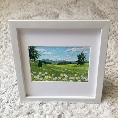 アクリル画 原画 「野花の咲く高原01」額縁付 F4サイズ キャンバス
