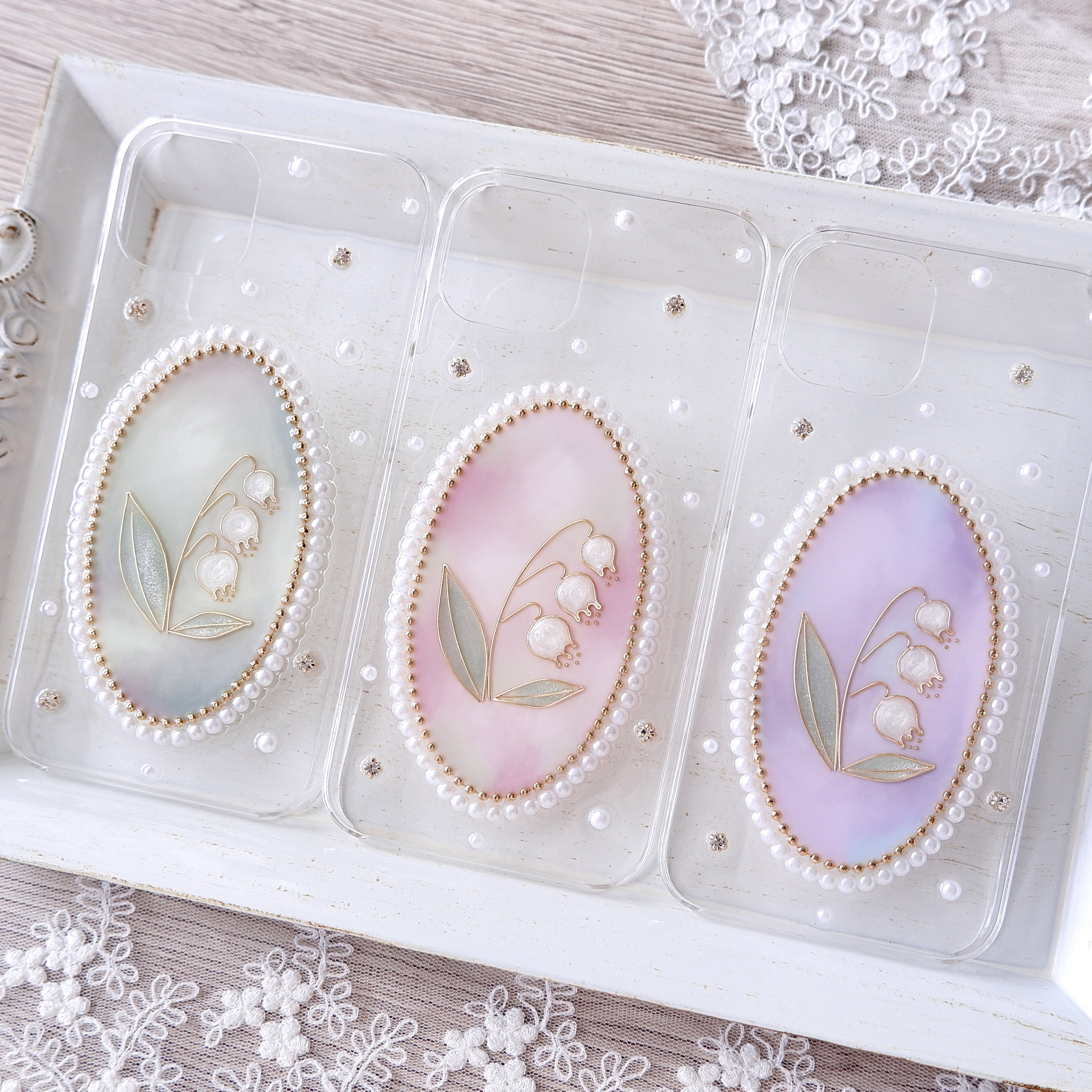 オーバル・すずらんモチーフ❁.*･ﾟスマホケース 【※iPhone専用ページ】