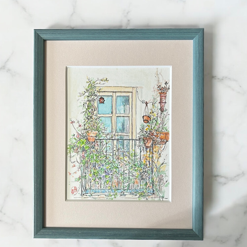 楽しい窓辺（水彩画、原画、額付き） 絵画 アトリエまりんこ