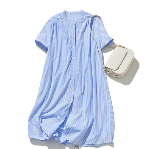 ストライプ シャツ ワンピース 半袖 シャツワンピース 青と白の