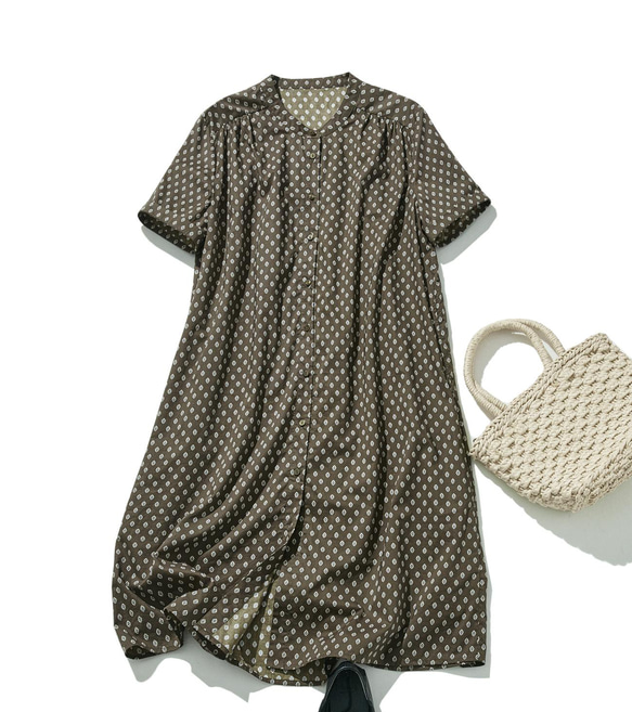 大人好みのオリジナル柄を取り入れたシャツワンピース　コットン　半袖ワンピース　240704-2 1枚目の画像