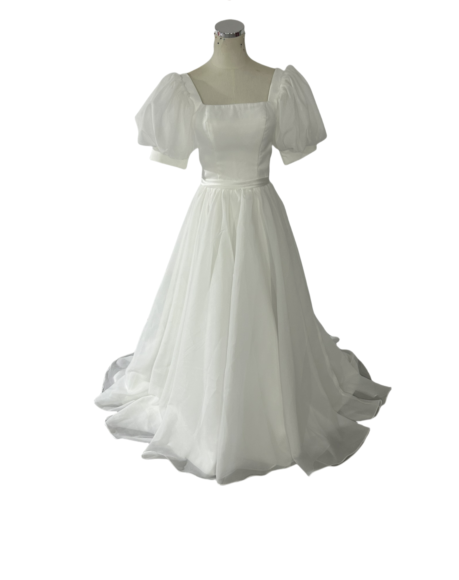 ウエディングドレス フランス風 オフホワイト パフスリーブ 編み上げ リボン トレーン 結婚式/披露宴