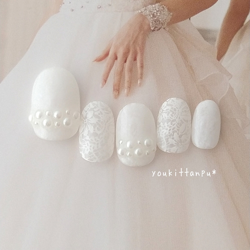 ネイルチップ ブライダル 結婚式 ニュアンス フルオーダーネイル オーダーネイル パール＆レース ニュアンスホワイト＊ネイルチップ つけ爪 ブライダル