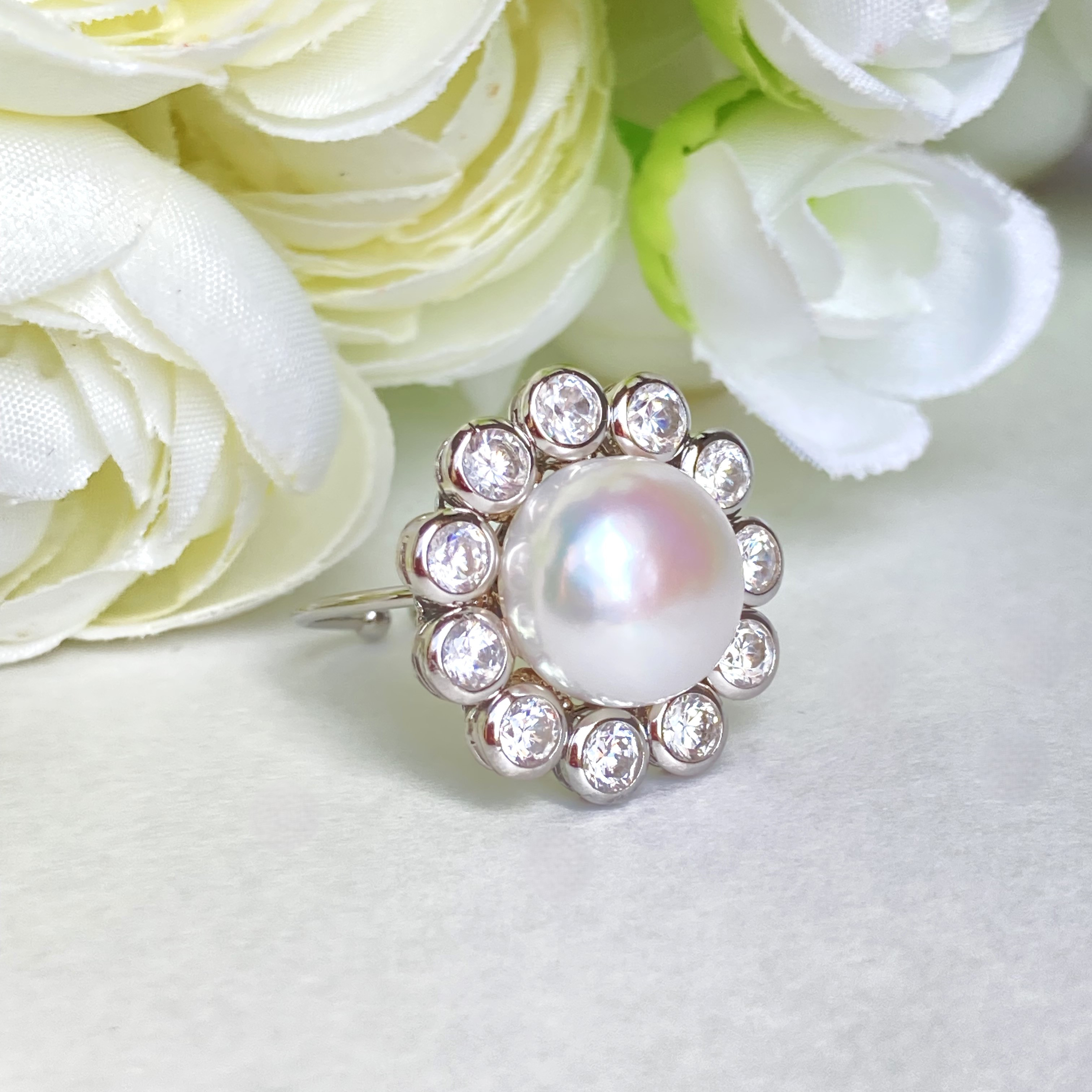 錆びないSILVER925　淡水パール　キュービックジルコニア　リング　指輪
