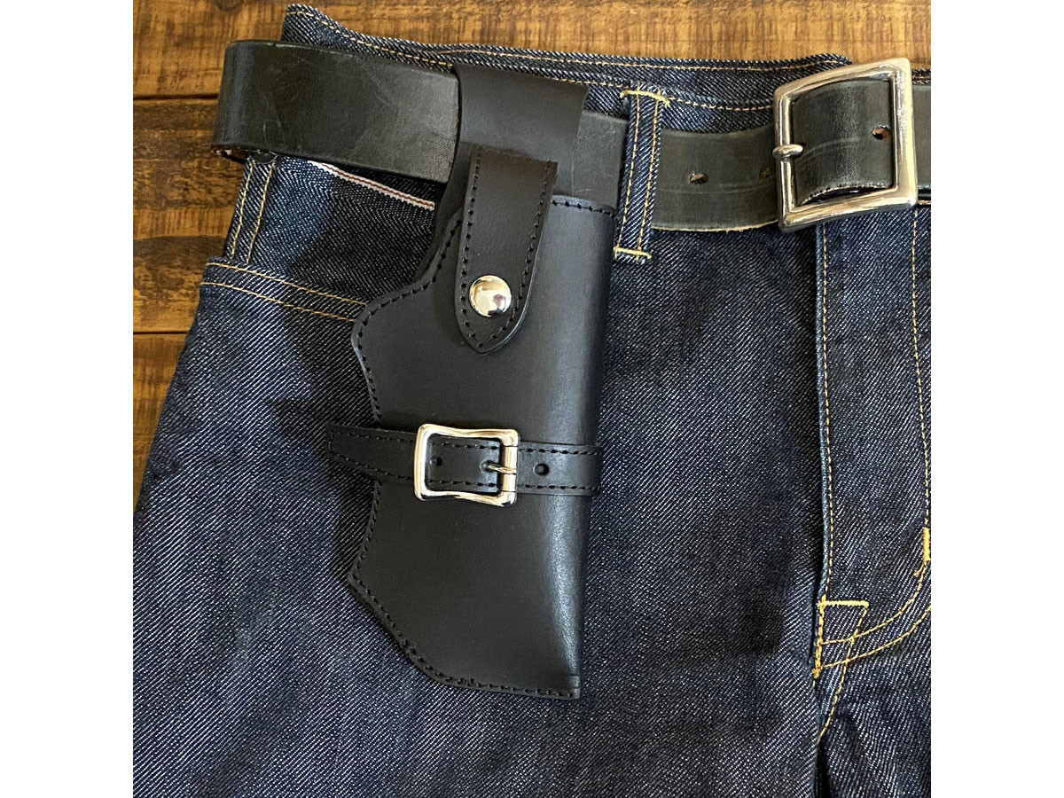 送料無料 ガンホルダー型 スマホケース レザー 牛革 本革 ホルダー Mサイズ ブラック 右用