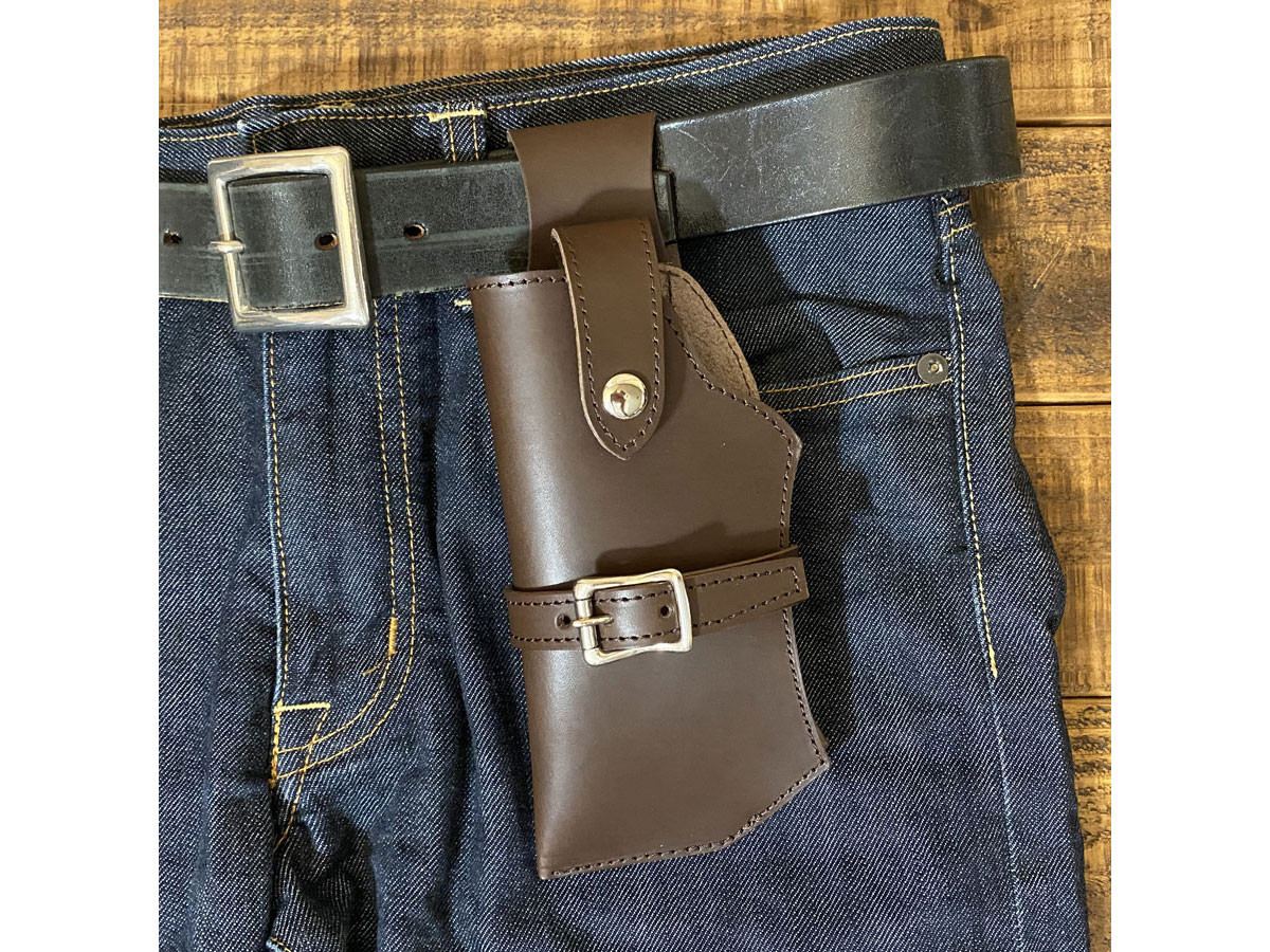 送料無料 ガンホルダー型 スマホケース レザー 牛革 本革 ホルダー Lサイズ チョコ 左用