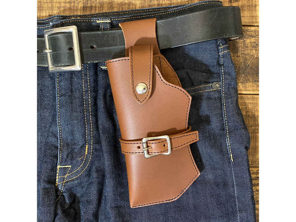 送料無料 ガンホルダー型 スマホケース レザー 牛革 本革 ホルダー Lサイズ ミディアムブラウン 左用