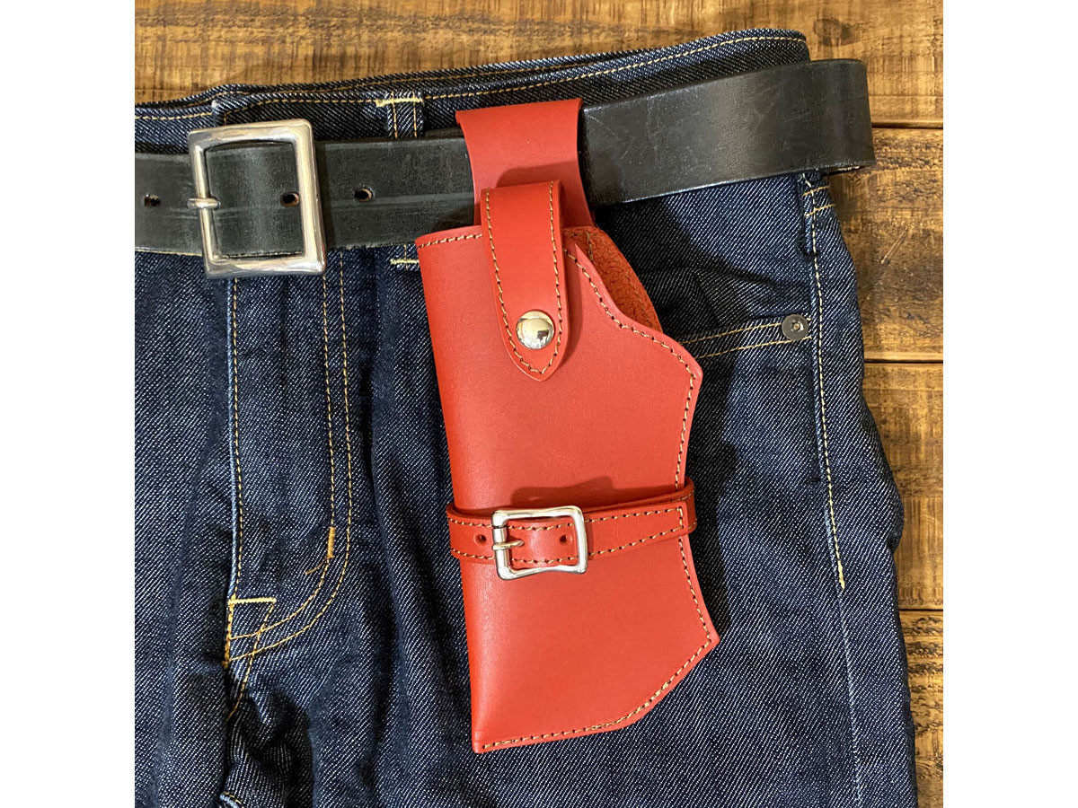 送料無料 ガンホルダー型 スマホケース レザー 牛革 本革 ホルダー Lサイズ レッド 左用