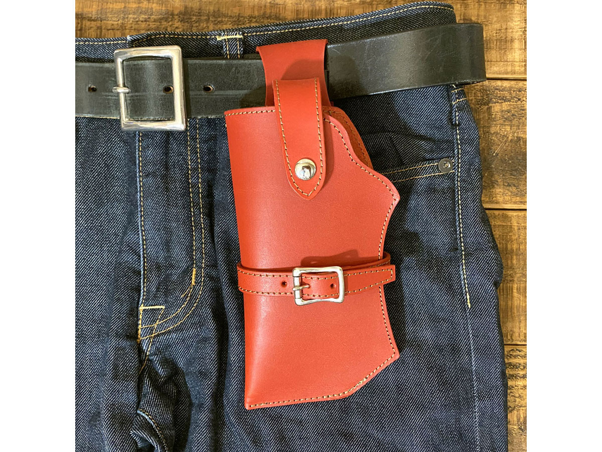 送料無料 ガンホルダー型 スマホケース レザー 牛革 本革 ホルダー LLサイズ レッド 左用