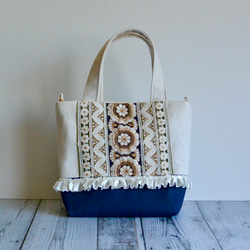 ヌビバック　トートバック　インド刺繍リボン インド刺繍リボン トートバッグ ハンドバッグ ハンドメイド 帆布