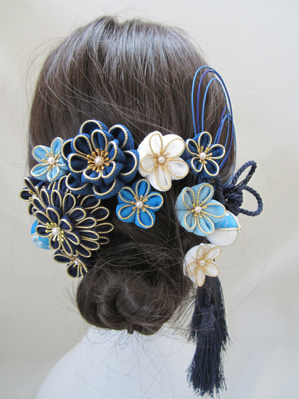 髪飾り 成人式 振袖 結婚式 卒業式 つまみ細工 青 4012 つまみ細工 髪