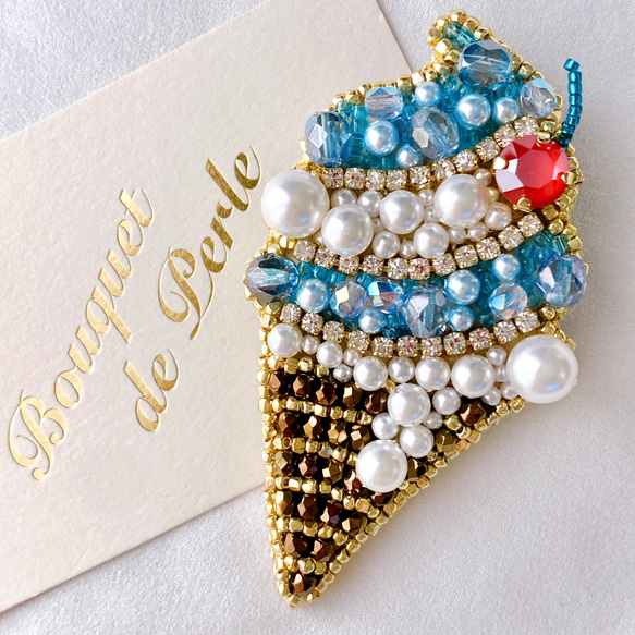 ビーズ刺繍ブローチ【クリームソーダ/レトログラス/ブルーハワイ