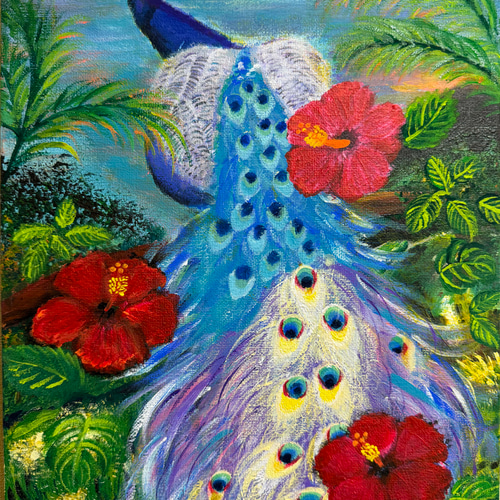 原画】孔雀とハイビスカス アクリル画 絵画 アトリエシンディ 原画】孔雀とハイビスカス アクリル画 絵画 アトリエシンディ