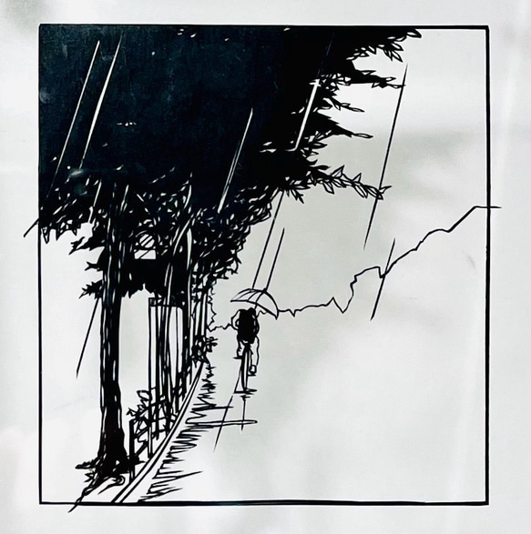 切り絵「雨の帰り道」ハガキ〜A4サイズ/モノクロ/風景 切り絵