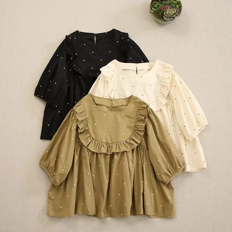 【大人可愛い★コットンブラウス★ドット柄】半袖│フリル│バルーンスリーブ│森ガール│レディース│トップス│T-19LB