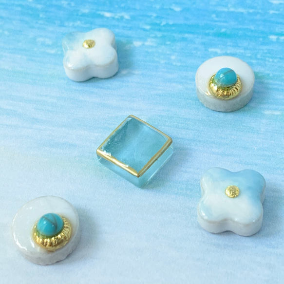 夏限定｜美濃焼×ガラス×ターコイズの5粒セットピアス・イヤリング｜爽やか花アクセサリー 4枚目の画像