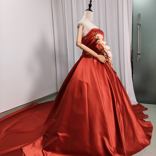 送料無料！テラコッタ色 光沢感 パフスリーブ ビスチェドレス 結婚式