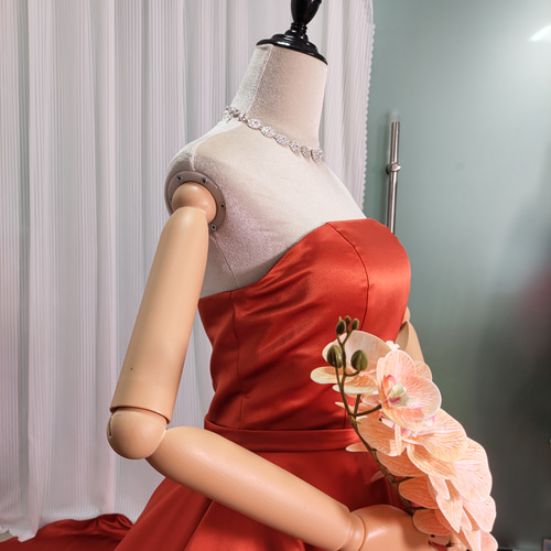 送料無料！テラコッタ色 光沢感 パフスリーブ ビスチェドレス 結婚式