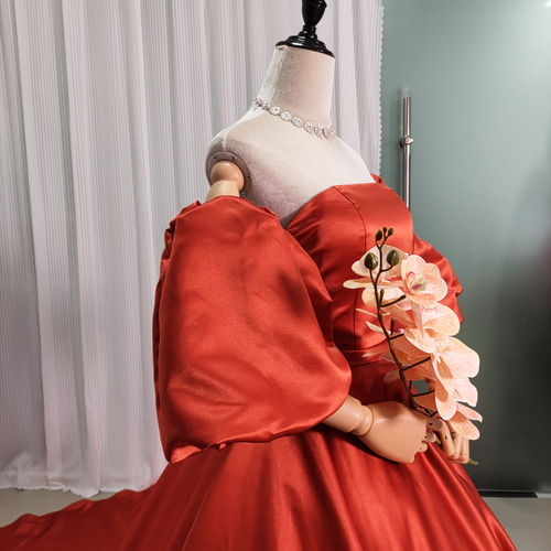 ドレスプロダクション　テラコッタパフスリーブドレス 低身長 パフスリーブテラコッタドレス 結婚式 カラードレス前