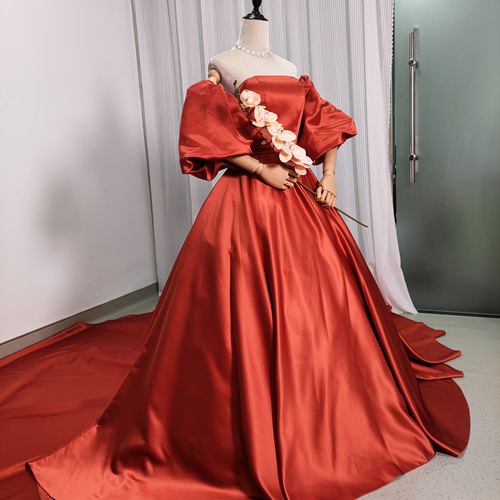 送料無料！テラコッタ色 光沢感 パフスリーブ ビスチェドレス