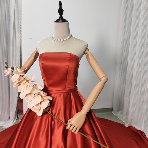 ドレスプロダクション　テラコッタパフスリーブドレス 低身長 パフスリーブテラコッタドレス 結婚式 カラードレス前