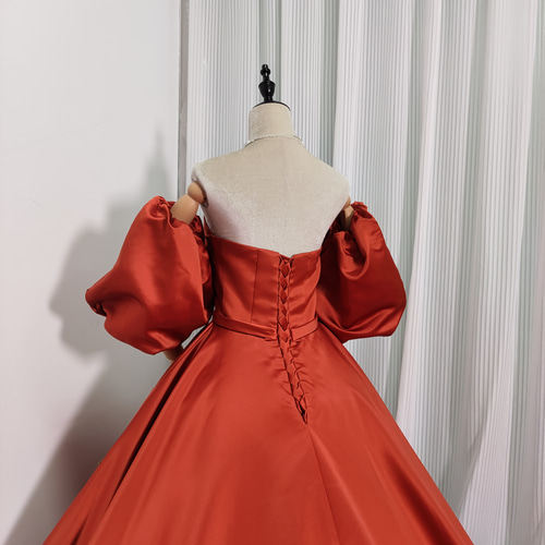 送料無料！テラコッタ色 光沢感 パフスリーブ ビスチェドレス 結婚式