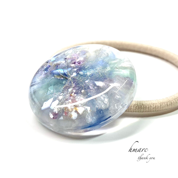 初夏ブルーフラワーレジンヘアゴム ポニーフック変更可能。