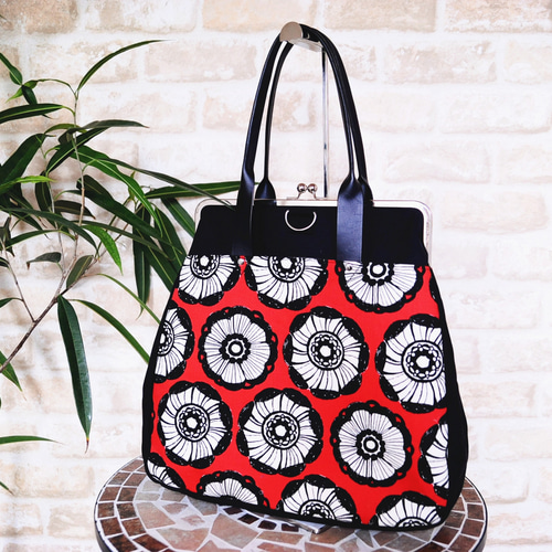 A4サイズ対応☆30cm口金☆レッド花柄☆超大容量☆3wayがま口トート  