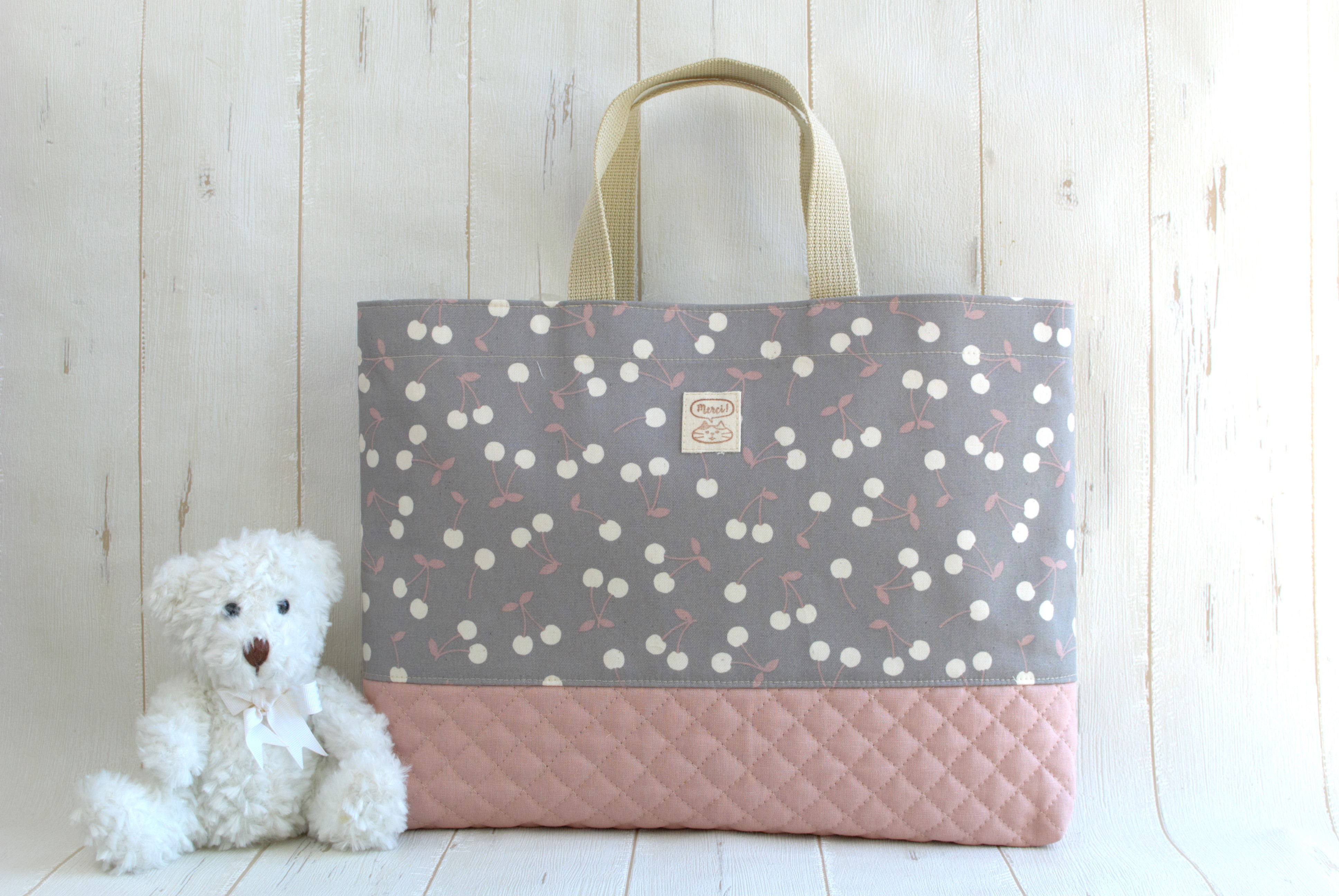 さくらんぼ刺繍の入園入学セット❤︎スモーキーモーブ×グレーチェック★レッスンバッグ さくらんぼ刺繍の入園入学セット❤︎スモーキーモーブ×グレー